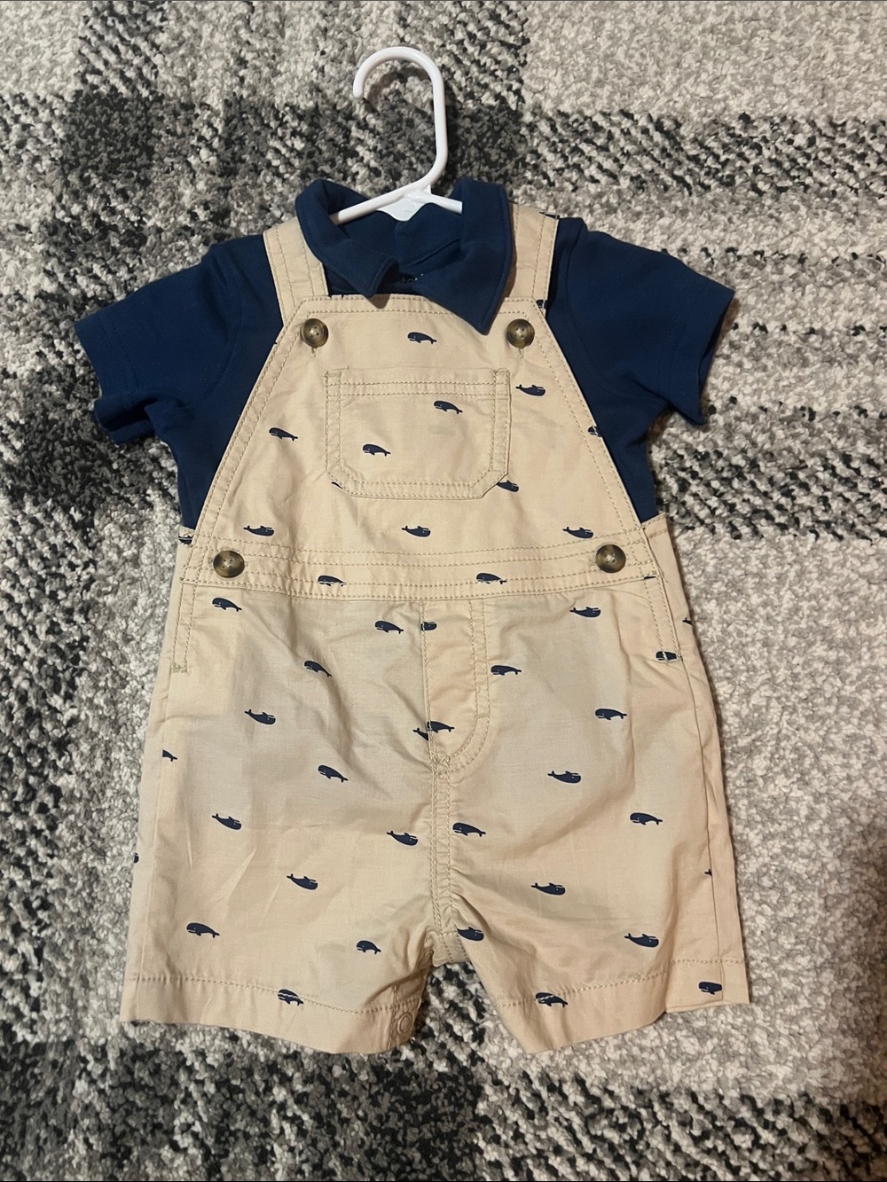 Carter’s khaki whale overalls with navy polo